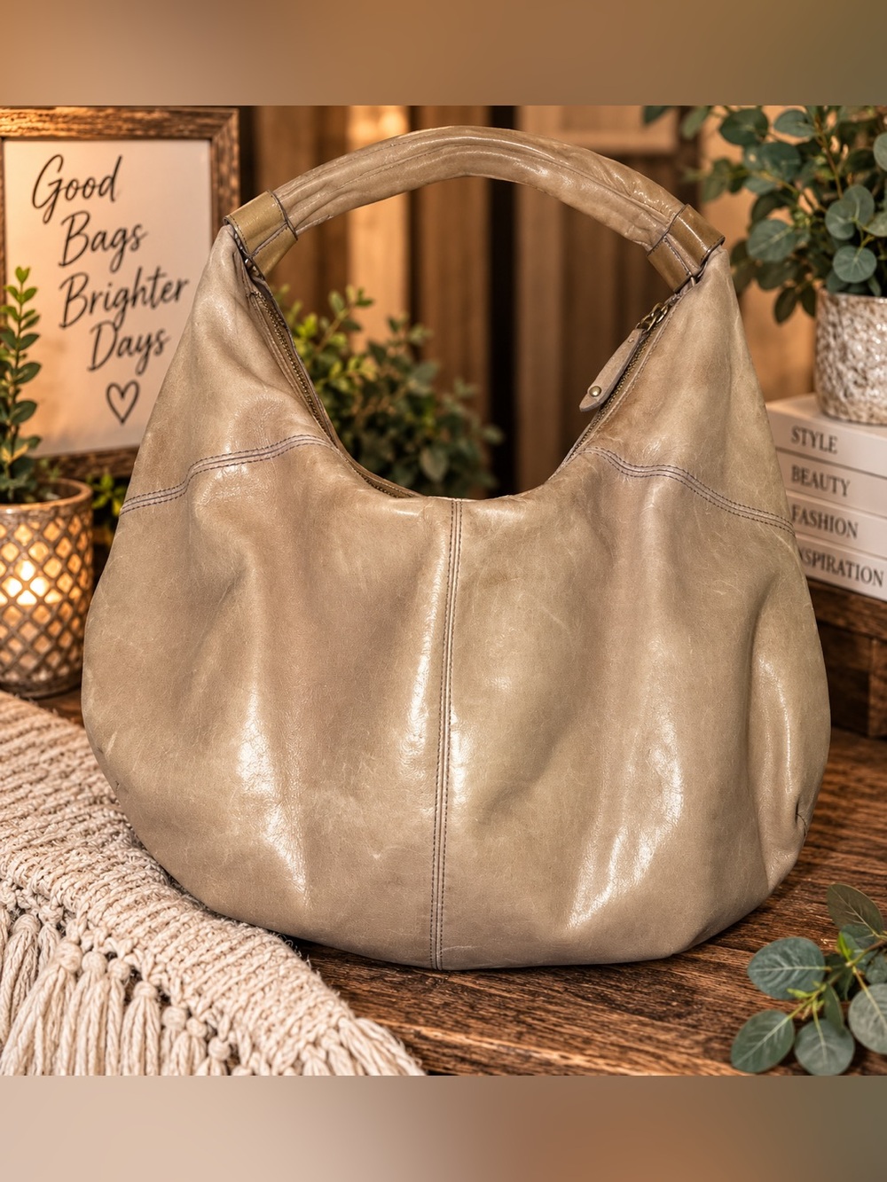 HOBO International Taupe Leather Large Slouchy Hobo Shoulder Bag